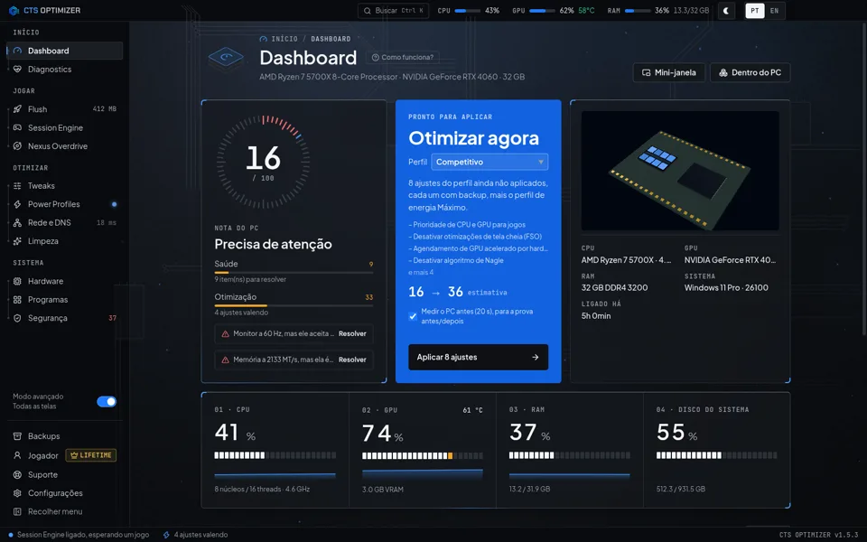Painel do CentralTech Optimizer com uso de CPU, GPU e RAM em tempo real